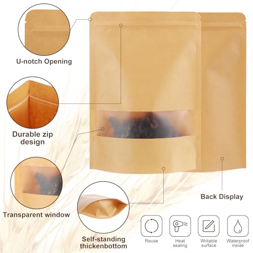 Geosar 600 Pcs Stand up Kraft Pouches with Window 7 x 10 Inch Kraft Paper Sealable Pouches with Notch Heat Sealable Resealable Bags for Small Business, Zipper Food Storage for Packaging, Snacks - size: 7 x 10 Inch
