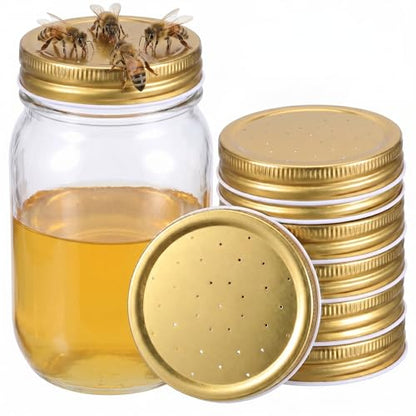 FENICAL Bee Feeder Lids for Mason Jar: 8pcs Bee Hive Entrance Feeder Lids Beehive Water and Sugar Dispenser Honeybee Beekeeping Feeding Accessories for Outdoor Beehives. 2.87 * 0.59 Inch (Gold)