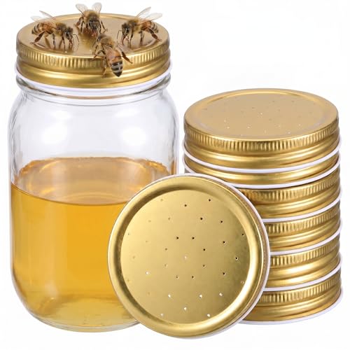 FENICAL Bee Feeder Lids for Mason Jar: 8pcs Bee Hive Entrance Feeder Lids Beehive Water and Sugar Dispenser Honeybee Beekeeping Feeding Accessories for Outdoor Beehives. 2.87 * 0.59 Inch (Gold)