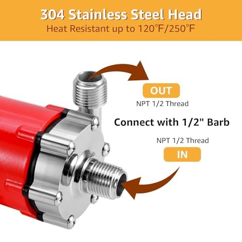 MRbrew Wort Pump With Switch Stainless Steel Magnetic Beer Pump Brewing for Wort Transfer, 1/2”NPT Thread Head 110V Quiet Operation Excellent High Temperature Resistance System for Homebrew - size: Red Pump (Switch)