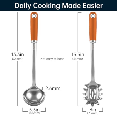 Safring Stainless Steel Soup Ladle and Spaghetti Spoon Set, Heat Resistant Rubber Handle, Dishwasher Safe, Kitchen Utensils for Cooking, Stirring, Serving Pasta, Soup & Sauce (Orange) - color: Orange