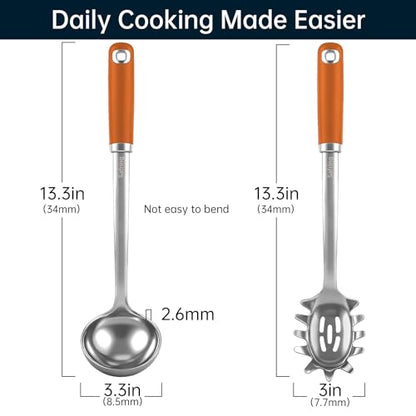 Safring Stainless Steel Soup Ladle and Spaghetti Spoon Set, Heat Resistant Rubber Handle, Dishwasher Safe, Kitchen Utensils for Cooking, Stirring, Serving Pasta, Soup & Sauce (Orange) - color: Orange