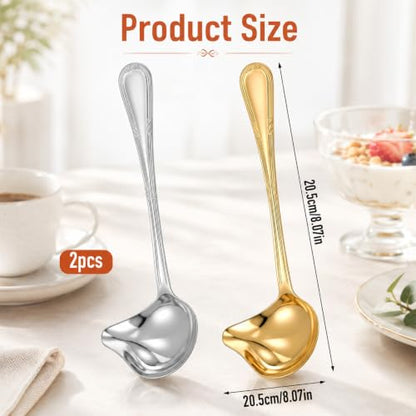 2 Pieces Stainless Steel Gravy Drizzle Spoon Small Ladles for Serving Sauce Saucier Spoon 1 Ounce for Sauce Soup with Pouring Spout Gold and Silver