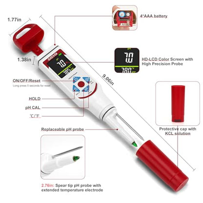 Food pH Meter with ATC, Spear Probe for Sourdough & Meat | Extended temperature electrode, color display, with calibration kit, for sourdough, kombucha, canning, sauce, cosmetic - color: Red Food pH Meter