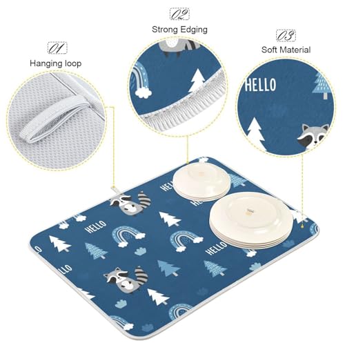 Raccoon Rainbow Tree Blue Dish Drying Mat for Kitchen Counter Super Absorbent Draining Mat with Non-slip Backed Dish Rack Pad for Draining Racks Countertops Sinks Dish Bottles Cups Bowl