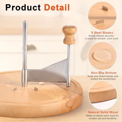 Cheese Curler Wheel, Stainless Steel Curly Cheese Shaver Flower Maker Slicer with Cutter Blade Wooden Base for Restaurants Cafes Dessert Kitchen Use Tools Utensils Gadgets Accessories