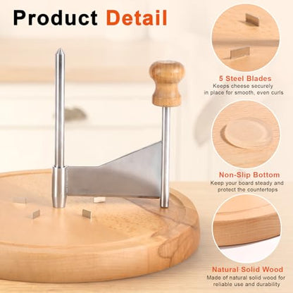 Cheese Curler Wheel, Stainless Steel Curly Cheese Shaver Flower Maker Slicer with Cutter Blade Wooden Base for Restaurants Cafes Dessert Kitchen Use Tools Utensils Gadgets Accessories