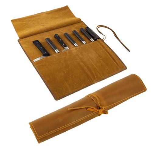 Genuine Leather Knife Roll, Knife Bags for Chefs Professional, Small Chef'S Knife Case Holder, Knives Holders Protectors with 7 Slots, Portable Chef Knife Roll Chef Knife Bag - color: 7 Slots Reddish brown