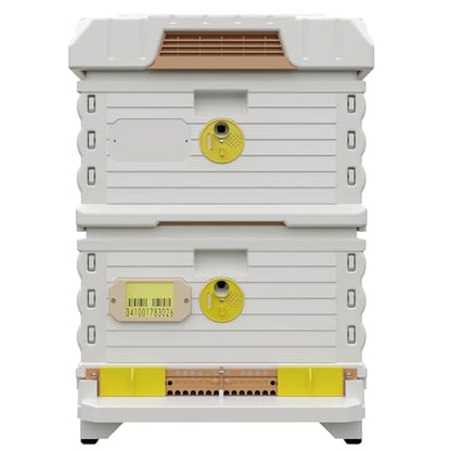 Apimaye Ergo Insulated Bee Hive Set with Plastic PRO Frames with Premier Double Wax Foundations (White Body Yellow Entrance, Double Deep)