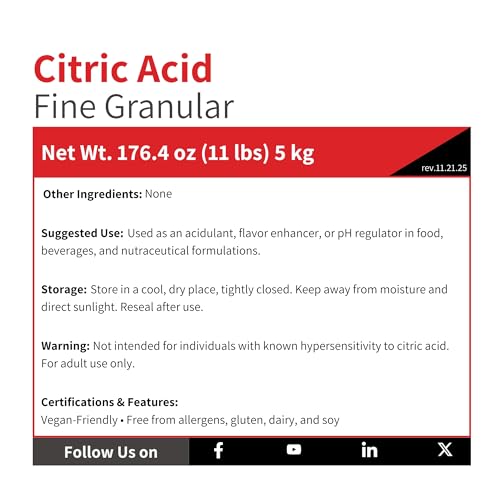 Citric Acid Fine Gran - 5 kg (11 lb) - Anhydrous Fine Granular - Natural Sour Salt Flavor Enhancer & Food Grade Preservative - Descaling Cleaning Concentrate - Skincare Bath Bomb Cosmetic Ingredient - size: 11.02 Pound (Pack of 1)