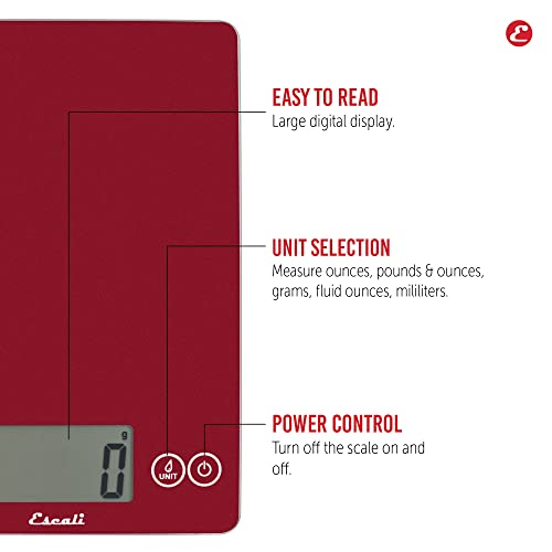 Escali Arti Glass Food Scale Digital Countertop Kitchen, Baking and Cooking Scale with Nutrition and Calorie Counter, 15-Pound Capacity, 9" x 6.5" x .75", Rio Red - color: Rio Red