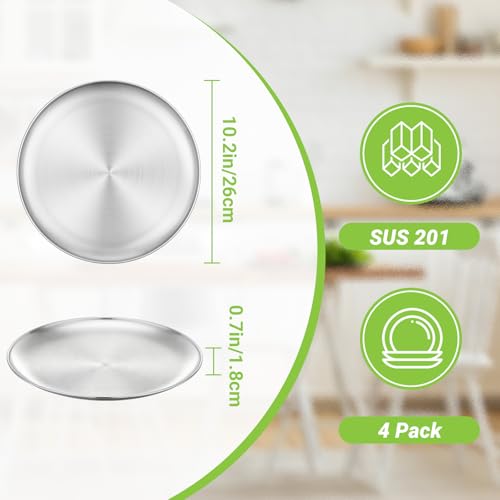 Metal Dinner Plate, 4 Pack 10.2 inch Large 201 Stainless Steel Plates, Reusable Lunch Salad Pizza Food Serving Snack Eating Dishes Round Brushed Finish Silver Sturdy Dish Oven Dishwasher Safe - size: 10.2"