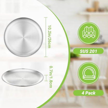 Metal Dinner Plate, 4 Pack 10.2 inch Large 201 Stainless Steel Plates, Reusable Lunch Salad Pizza Food Serving Snack Eating Dishes Round Brushed Finish Silver Sturdy Dish Oven Dishwasher Safe - size: 10.2"