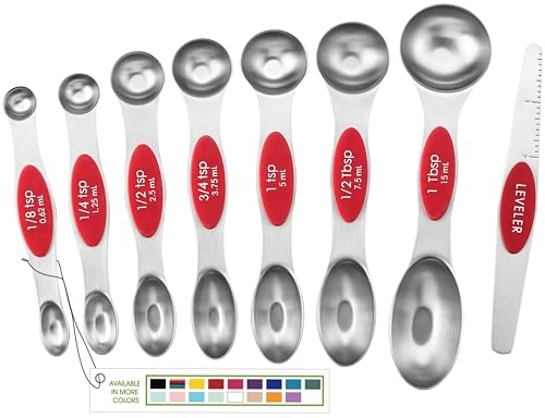 Spring Chef Red Stainless Steel Magnetic Measuring Spoons Set of 8 with Leveler, Dual Sided Nesting Teaspoon & Tablespoon Measuring Spoons, Kitchen Gadgets for Baking & Cooking, Fits in Spice Jars - color: Red, size: 1-Pack