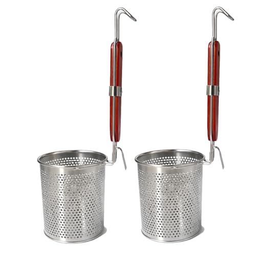 2 Pcs Stainless Steel Pasta Basket with Wood Handle Pasta Strainer Kitchen Mesh Spider Noodle Strainer Skimmer Food Dumpling Noodle Blanching Basket - size: 4.7inches（diameter）