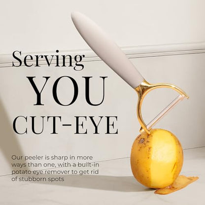Gold and Beige Kitchen Utensils Set – 8 PC Cooking Gadgets with Mini Gold Whisk and Tongs, Pizza Cutter, Garlic Press, Cheese Grater, Peeler, Can Opener, Scoops – Stylish Beige Kitchen Accessories - color: 8 Piece Beige & Gold