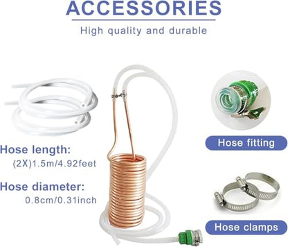 Wort Chiller, Food Grade 304 Stainless Steel Coil, 26 ft Water Chiller for Beer Brewing with Vinyl Tubing, Garden Hose Fitting