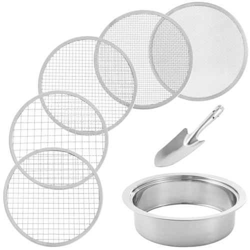 Soil Sifter Stainless Steel Riddle Sieve Set for Gardening with 5 Sizes 8" Diameter 1/3/6/9/12mm Interchangeable Meshes - Garden Potting Sieves with Shovel - Planting Soil Sifters Strains