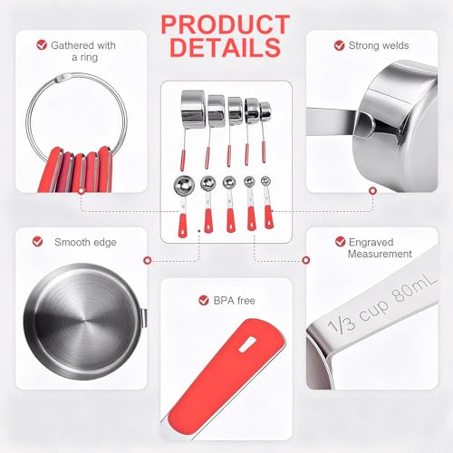 Bopei Measuring Cups and Spoons Set Stainless Steel 10 Piece for Cooking and Baking (5 Cups + 5 Spoons, Red Handle) - color: Red