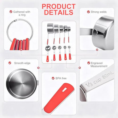 Bopei Measuring Cups and Spoons Set Stainless Steel 10 Piece for Cooking and Baking (5 Cups + 5 Spoons, Red Handle) - color: Red