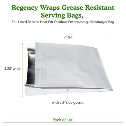 Regency Wraps Grease Resistant Snack Serving Bags, Foil Lined, Pack of 100 For Burgers, Sandwiches, Panini's, Pitas, Insulated to Keep food Warm - size: Pack of 100, style: Hamburger Bag