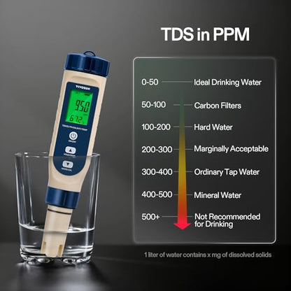 VIVOSUN 5-in-1 Digital PH Meter with PH/Salinity/TDS/EC/Temperature Function, Backlight Screen, IP67 Waterproof for Hydroponics, Home Drinking, Pool and Aquarium - color: Blue