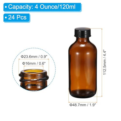PATIKIL 4oz(120ml) Glass Sample Bottles, 24Pcs Round Bottle Dispensing Bottles with Black Poly Cone Cap for Reagent Liquids, Essential Oils, Perfume, Amber - color: Amber,Black, size: 4 oz