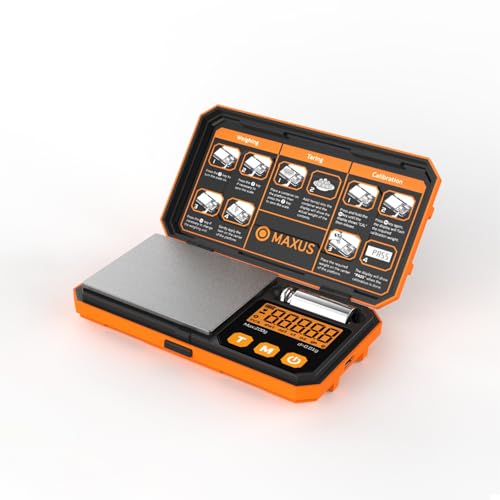 MAXUS Pocket Scale, 200g x 0.01g, with 50g Calibration Weight and USB Cable | Digital Gram Scale, 6 Units, Backlit LCD, Stainless Steel Platform, Rubber Edges, for Jewelry, Coins, Powders, Food or Gems - color: Orange
