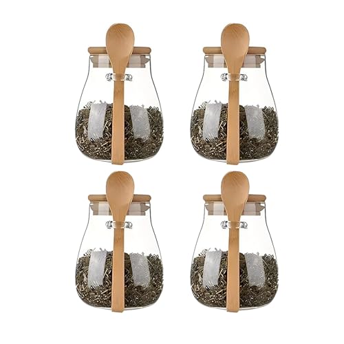 Airtight glass jar storage container with bamboo lid Set of 4, wide mouth, leak-proof, With a spoon, can be used for coffee beans, tea leaves, grains, dried fruits, etc (Small*4pcs) - color: Small*4pcs