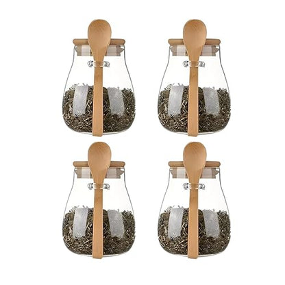Airtight glass jar storage container with bamboo lid Set of 4, wide mouth, leak-proof, With a spoon, can be used for coffee beans, tea leaves, grains, dried fruits, etc (Small*4pcs) - color: Small*4pcs