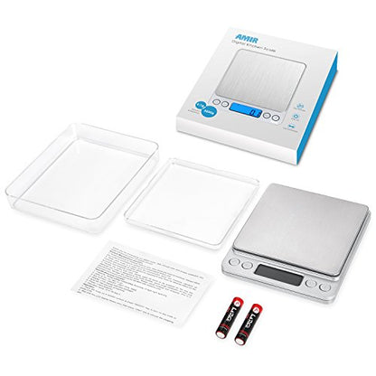 AMIR Digital Kitchen Scale, 3000g 0.01oz/ 0.1g Pocket Coffee Scale, Mini Food Scale, Pro Electronic Jewelry Scale with Back-Lit LCD Display, Tare & PCS Functions, Stainless Steel, Batteries Included - color: Sliver