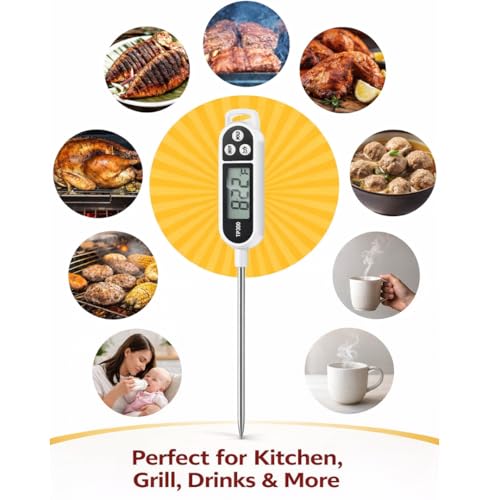 Digital Food Thermometer – Instant Read Meat Probe with LCD Display, °C/°F Switch, Long Stainless Steel Sensor for BBQ, Grill, Oven, Baking & Cooking Thermometer TP300 White - color: White