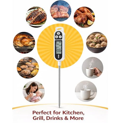 Digital Food Thermometer – Instant Read Meat Probe with LCD Display, °C/°F Switch, Long Stainless Steel Sensor for BBQ, Grill, Oven, Baking & Cooking Thermometer TP300 White - color: White