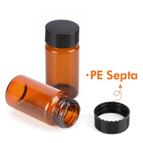PEKYBIO 20 PCS 40ML Amber Small Liquid Sample Glass Vials with Screw Caps, 27.5mmx 95mm Leak-Proof Vial, 24-400 Black Screw Cap with PE Liners for Lab, Essential Oil, Perfume, Reagents - size: 27.5*95mm 40ml Vial