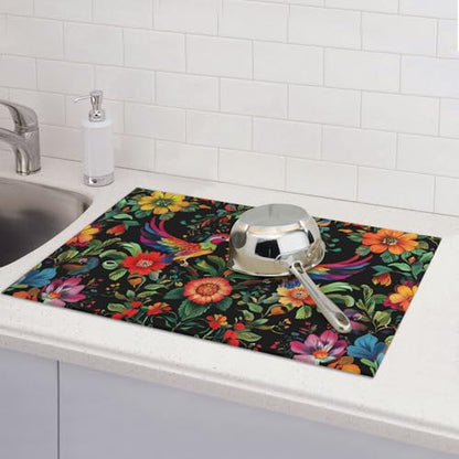 Mexican Flowers Dish Drying Mat for Kitchen Counter Microfiber Super Absorbent Non-Slip Dish Drying Pad for Countertops Dishes Utensils Stylish Quick-Dry Machine Washable 18x24 Inch - color: Mexican Flowers