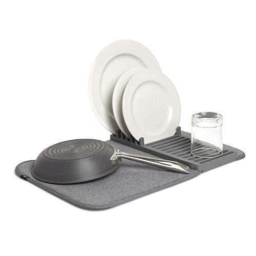 Umbra Udry Dish Rack and Microfiber Drying Mat – Space-Saving Design Folds Up for Easy Storage, Mini Rack, Gray - color: Gray, size: 20" x 13"