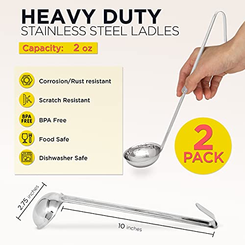 Fit Meal Prep [2 Pack] 2 oz Stainless Steel Soup Ladle, One-Piece Sauce Spatula with Hook Handles, Commercial Grade Serving Spoon, Kitchen Tool for Restaurant or Home Cooking, Mirror Finish, 12" Long - size: 2 oz