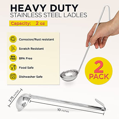 Fit Meal Prep [2 Pack] 2 oz Stainless Steel Soup Ladle, One-Piece Sauce Spatula with Hook Handles, Commercial Grade Serving Spoon, Kitchen Tool for Restaurant or Home Cooking, Mirror Finish, 12" Long - size: 2 oz