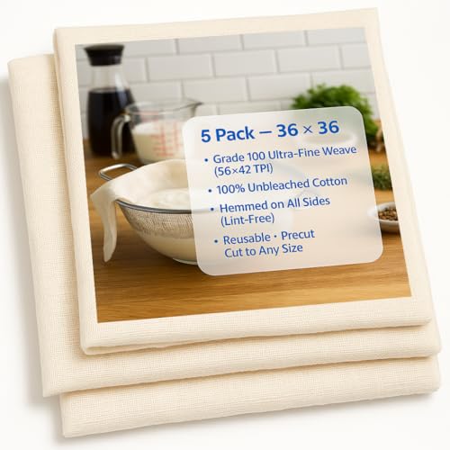 5 Pack Grade 100 Cheesecloth 36×36 in — Reusable Cheese Cloths, 100% Unbleached Cotton, Hemmed on All Sides (Lint-Free), Butter Muslin for Straining Yogurt, Nut Milk, Broth, Jelly & Cold Brew - size: 5 PCS - 36x36 Inch