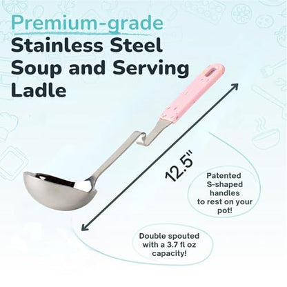 Souper Cubes + Lori Greiner No Mess Stainless Steel Soup Ladle with Silicone Handle - Metal Soup Ladle with No Mess Design That Hooks on Side of Any Pot - Cotton Candy - color: Cotton Candy, size: Ladle 1-Pack