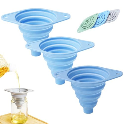 Kitchen Funnel Set 3 Pack, Food Grade Silicone Collapsible Small Funnels for Kitchen, Space-Saving Foldable Funnels for Filling Bottles, Oil, Liquid, Powder (Blue) - color: Blue