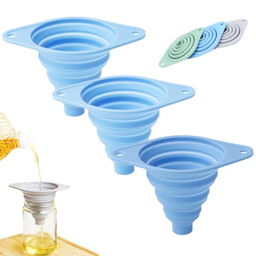 Kitchen Funnel Set 3 Pack, Food Grade Silicone Collapsible Small Funnels for Kitchen, Space-Saving Foldable Funnels for Filling Bottles, Oil, Liquid, Powder (Blue) - color: Blue