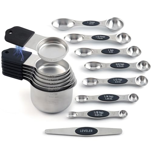 15 PCS Magnetic Measuring Spoons and Cups Set, 304 Stainless Steel Measuring Set for Baking, Stackable and Easy Storage Measuring Tools (Black) - color: Black