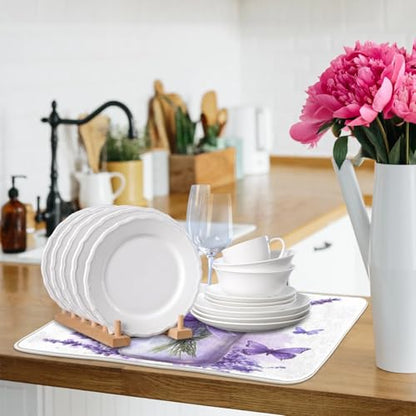 Lavender Mason Jar Dish Drying Mat Kitchen Counter Mats 16" x 18" Microfiber Absorbent Dry Pads for Coffee Bar Non-Slip Dishes Pad - size: 16x18 in