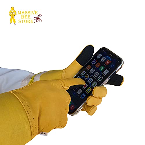 Massive Bee Cowhide Beekeeping Ventilated Cowhide Leather Gloves Yellow Rubber Cuff Then Yellow Mesh with Off white jeans - color: Touchscreen Gloves, size: XX-Large