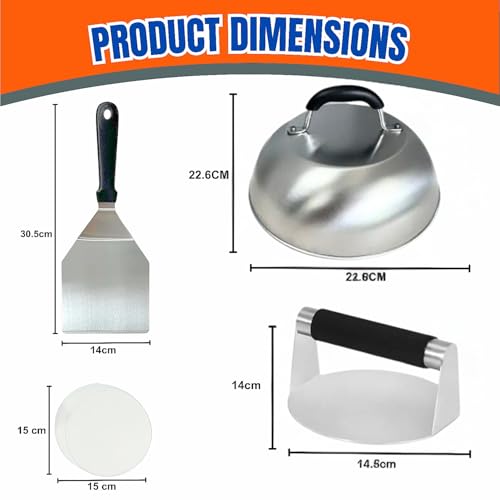 Burger Press Kit with Burger Smasher, 12'' Smash Burger Spatula, 9'' Basting Cover, & 50 Patty Papers for Smash Burgers, Hamburger Press Patty Maker, Smash Burger Press Kit (4pcs)