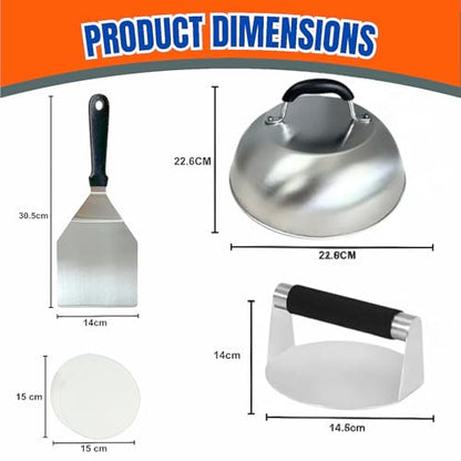 Burger Press Kit with Burger Smasher, 12'' Smash Burger Spatula, 9'' Basting Cover, & 50 Patty Papers for Smash Burgers, Hamburger Press Patty Maker, Smash Burger Press Kit (4pcs)