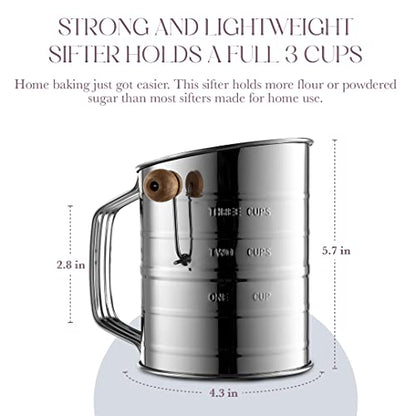 Bellemain 3 Cup Flour Sifter for Baking Fine Mesh Rotary Hand Crank with Loop Agitator for Quick Sifting, Flour Sifter Stainless Steel - size: 3 Cup