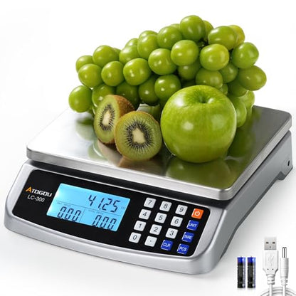 Atogou 110lb Food Scale, Commercial Kitchen Scale with Price Computing, Plug-in Usable, 0.05oz/1g, 304 Stainless Steel, for Cooking, Vegetables, Farm, Industry, Counting. LC300 Silver - style: Silver 110lb/50kg