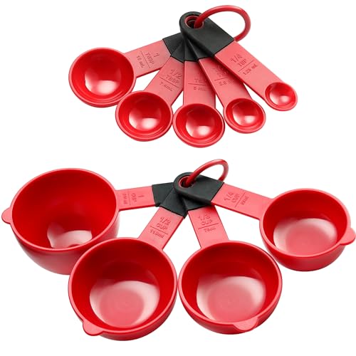Spring Chef Red Magnetic Measuring Cups and Spoons Set of 9, Stackable Plastic Kitchen Gadget with Easy to Read Markings - Measure Dry or Liquid Ingredients for Baking & Cooking, BPA Free - color: Red